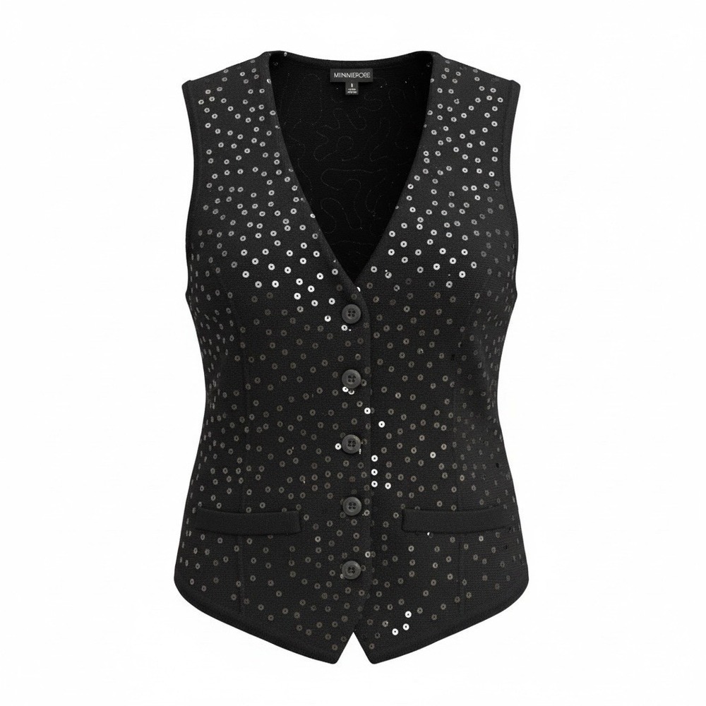 Minnie Rose Viscose Blend Sequin Knit Vest Women's XS Black Sparkle Shimmer Glam